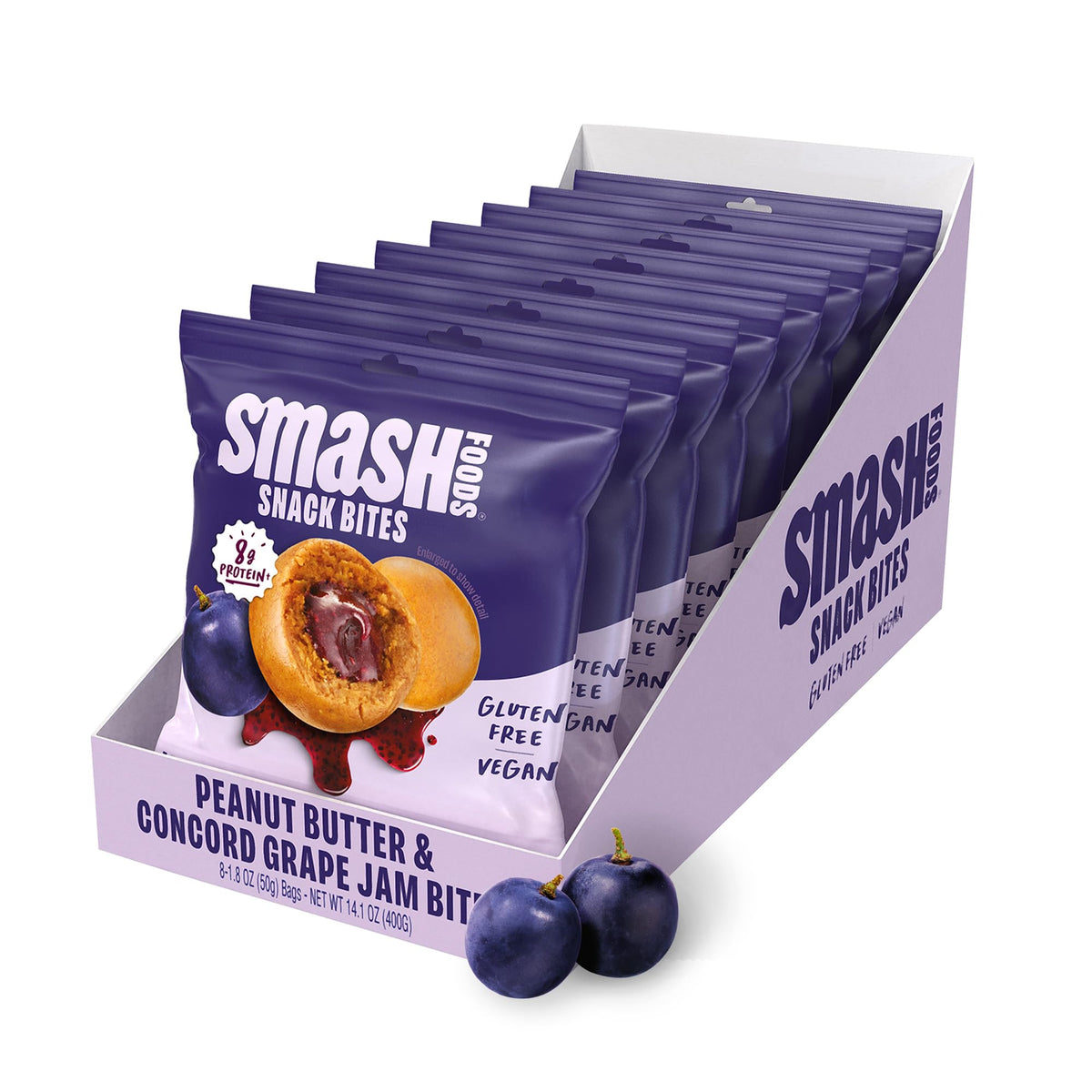 Chia Smash Grape Snack Bites To-Go – Gluten Free Vegan Nut Butter Balls with Superfood Jam (8 Packs)