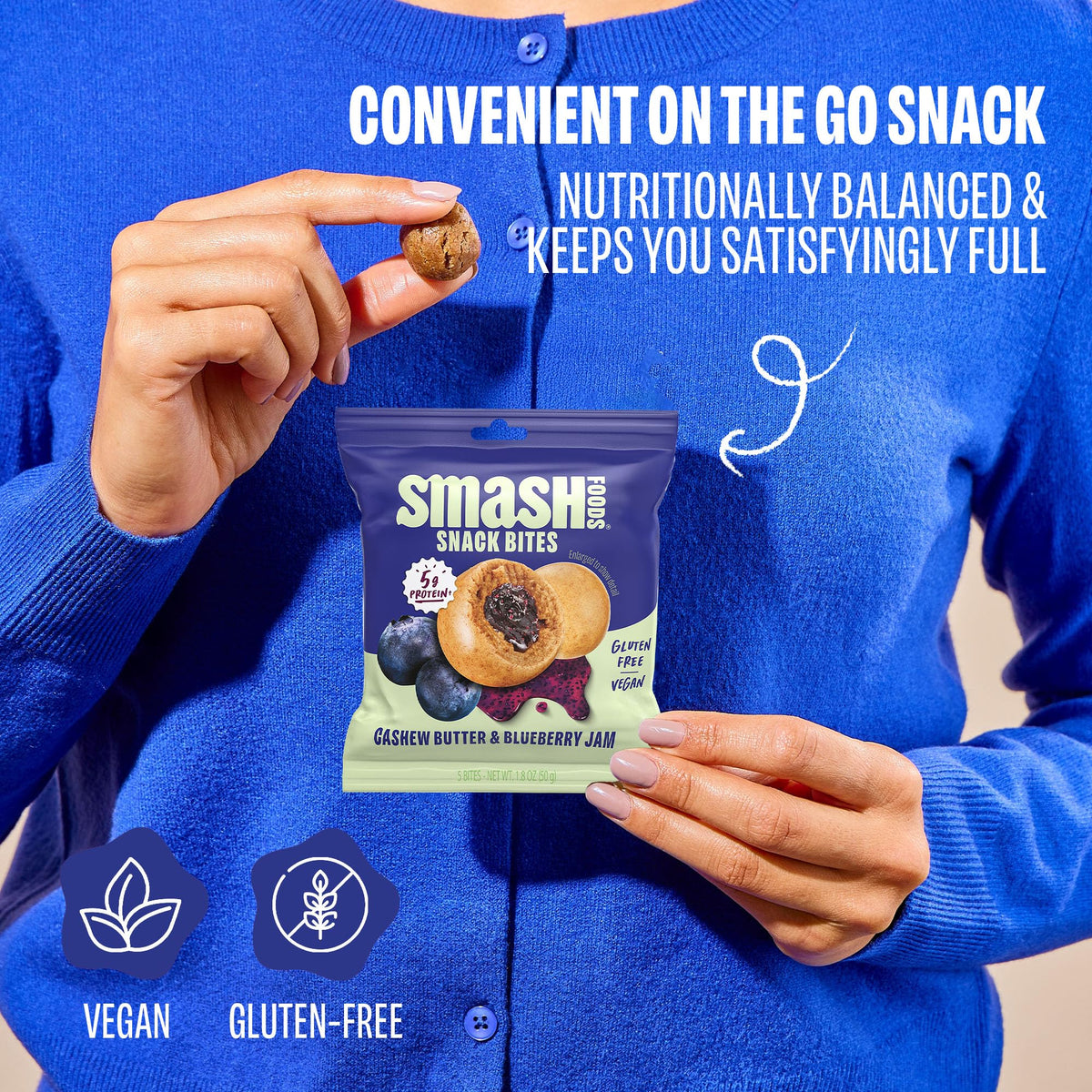 Chia Smash Blueberry & Cashew Butter Snack Bites – Gluten Free & Vegan Protein Balls | 8 Packs