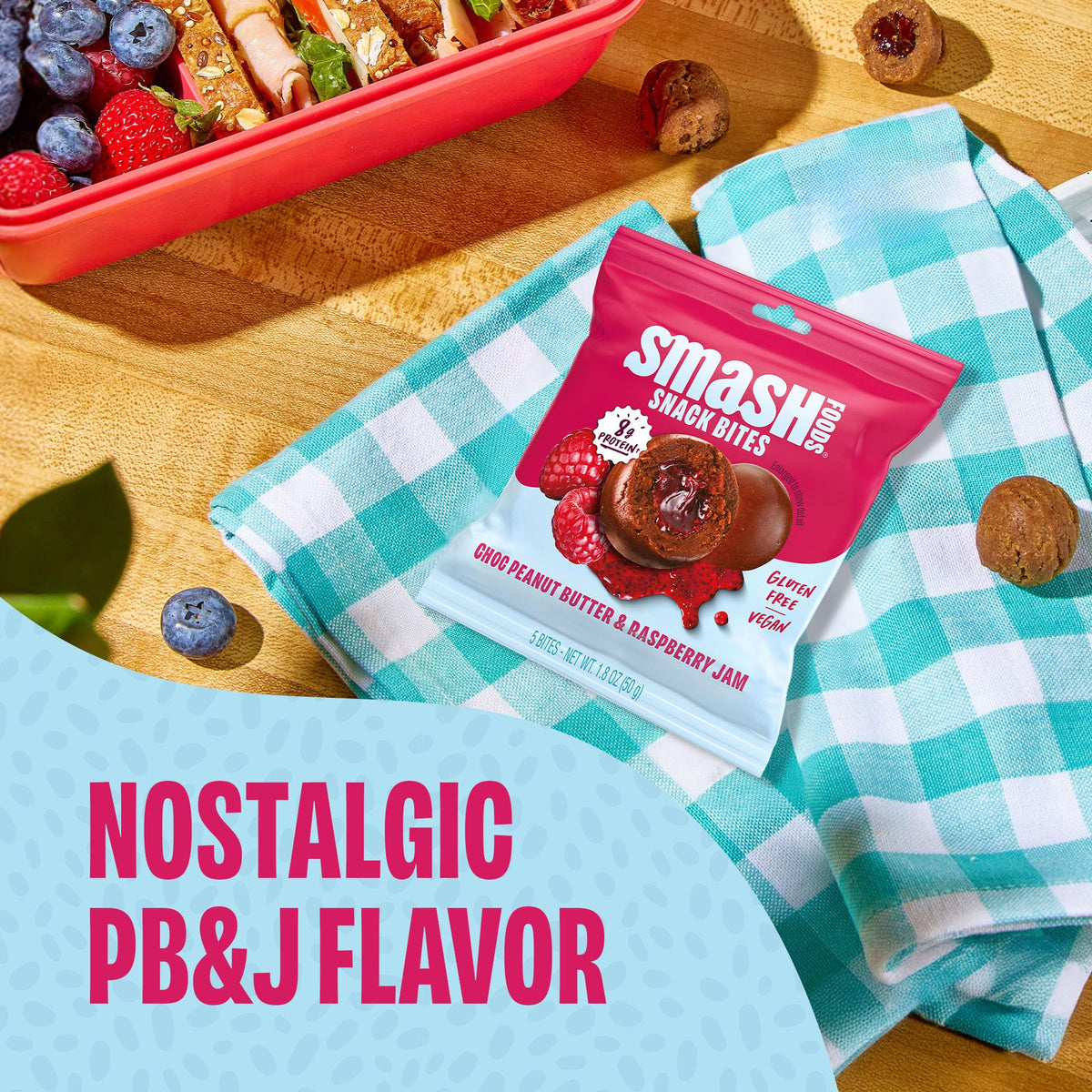 Chia Smash Raspberry & Chocolate Peanut Butter Snack Bites to Go — Gluten Free Vegan Protein Balls (8 Packs)