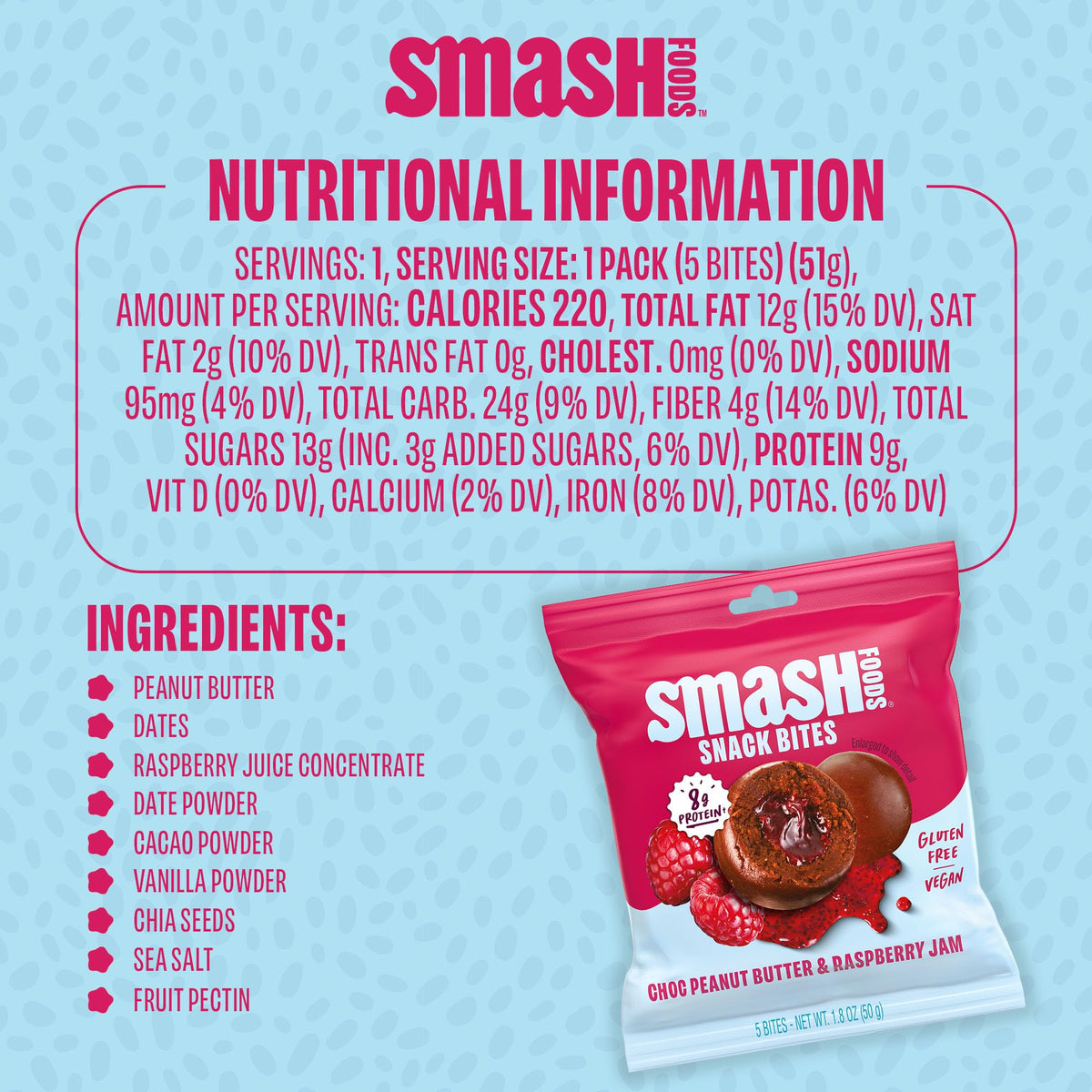Chia Smash Raspberry & Chocolate Peanut Butter Snack Bites to Go — Gluten Free Vegan Protein Balls (8 Packs)
