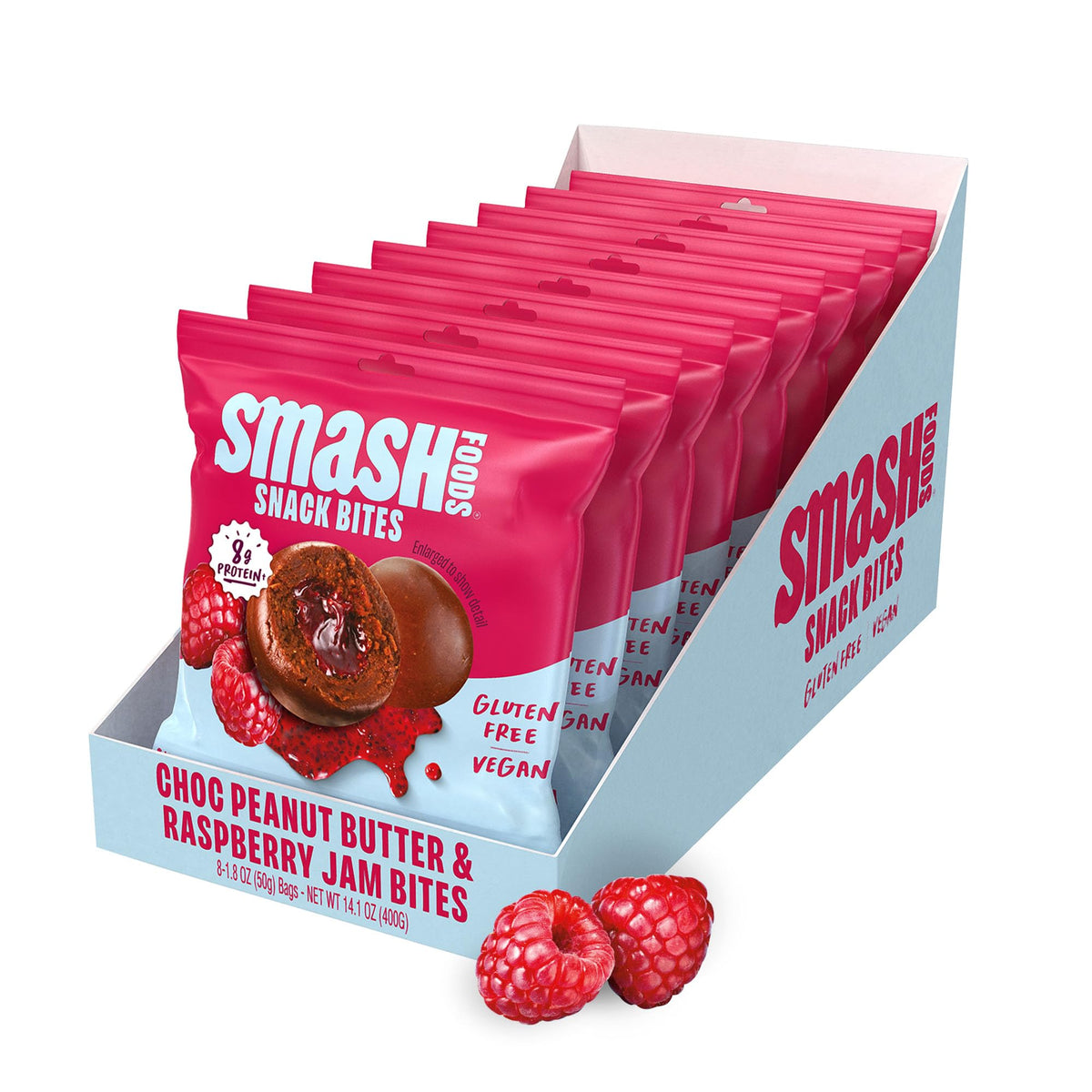 Chia Smash Raspberry & Chocolate Peanut Butter Snack Bites to Go — Gluten Free Vegan Protein Balls (8 Packs)