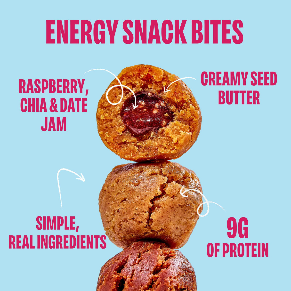 Chia Smash Raspberry & Chocolate Peanut Butter Snack Bites to Go — Gluten Free Vegan Protein Balls (8 Packs)