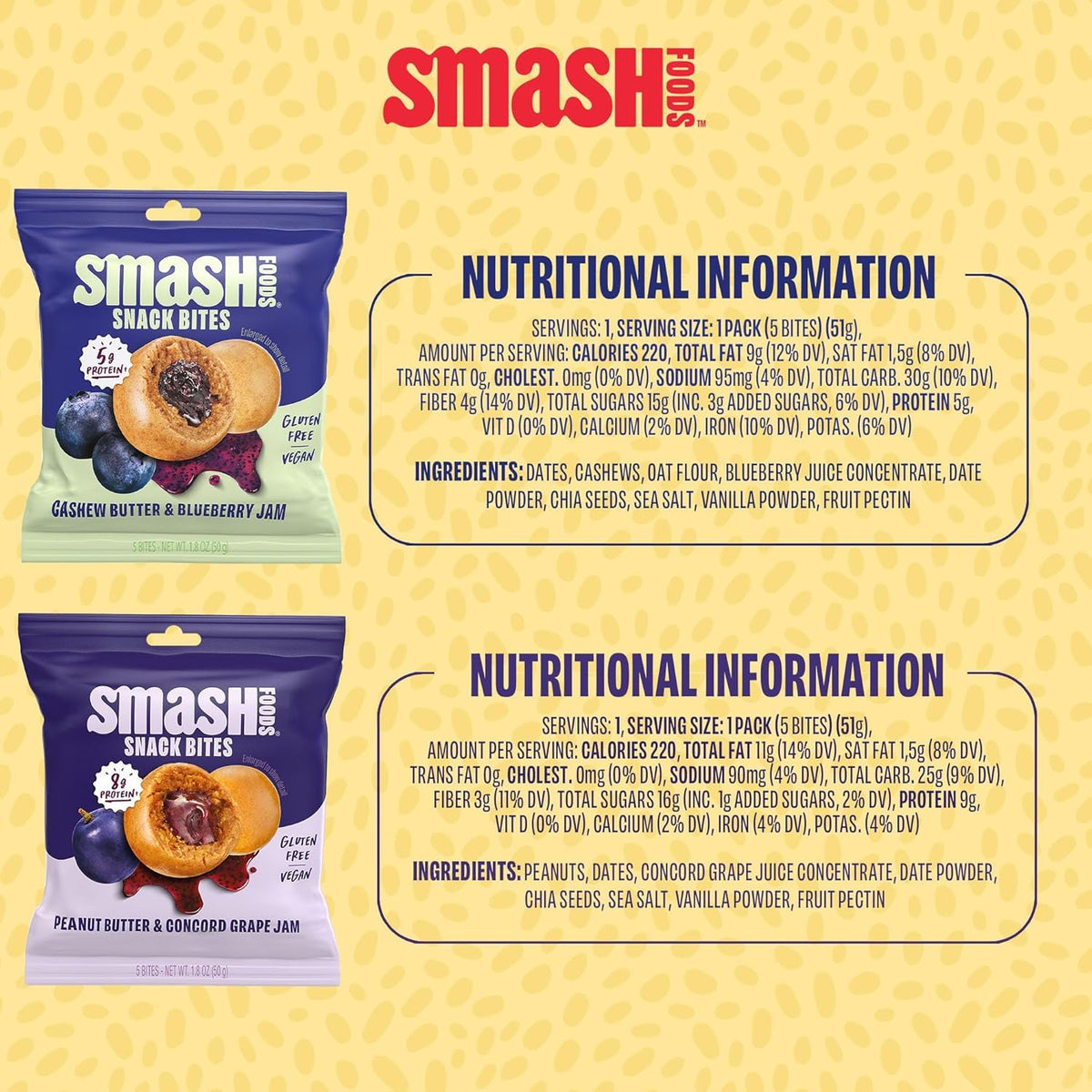 Chia Smash Smash Bites: Gluten-Free Vegan PB&J Protein Snack (8 Packs)