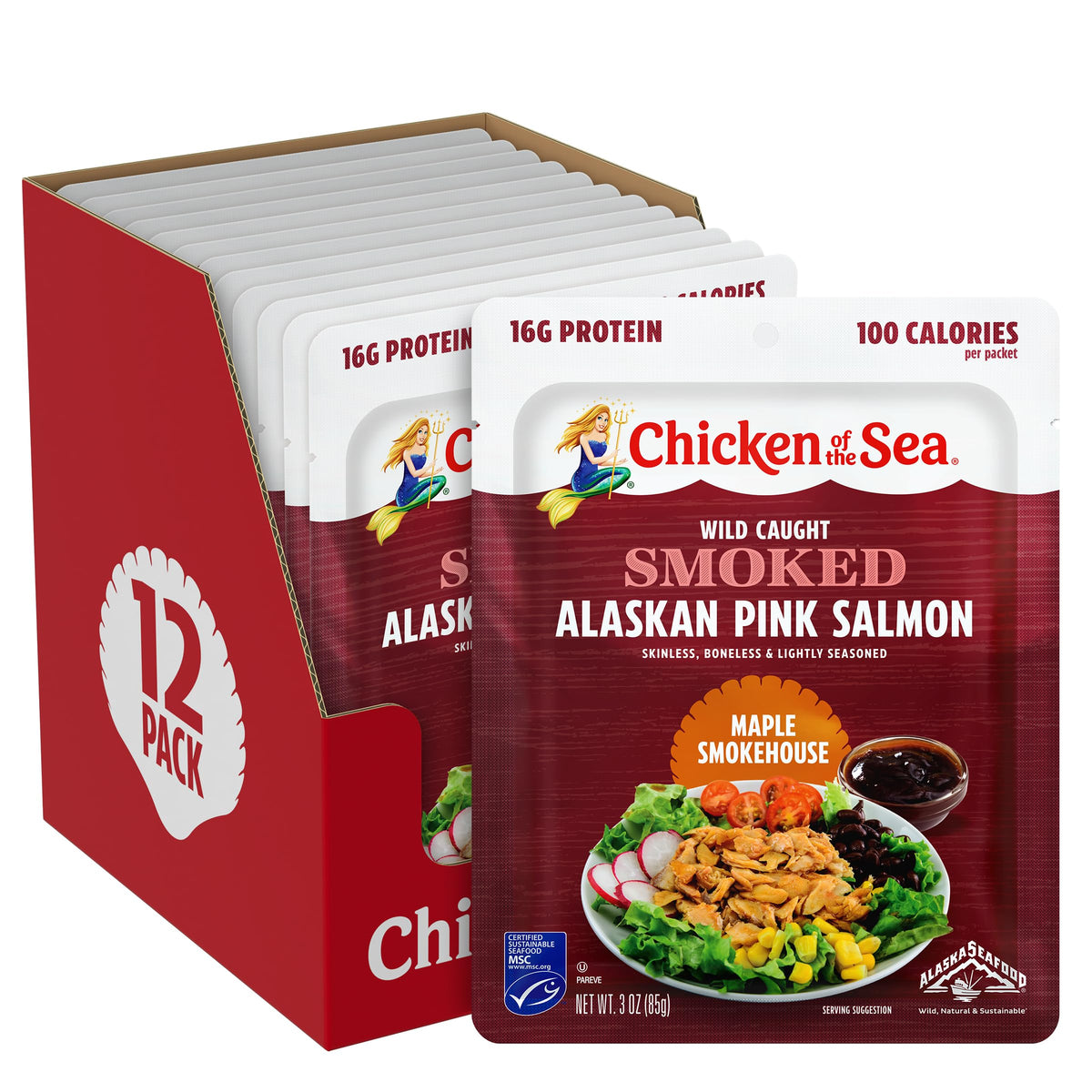 Chicken of the Sea Smoked Alaskan Pink Salmon Maple Smokehouse, 3 oz Packets, 12-Pack
