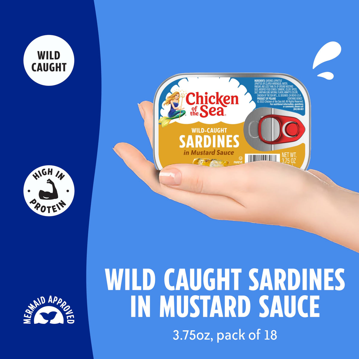 Chicken of the Sea Wild Caught Sardines in Mustard Sauce – 18-Count 3.75 oz Cans | High Protein, Ready to Eat