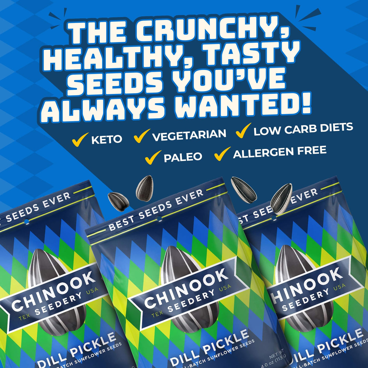 Chinook Seedery Dill Pickle Sunflower Seeds — Jumbo, Low Sodium, Keto Snack (4 oz, 12-Pack)