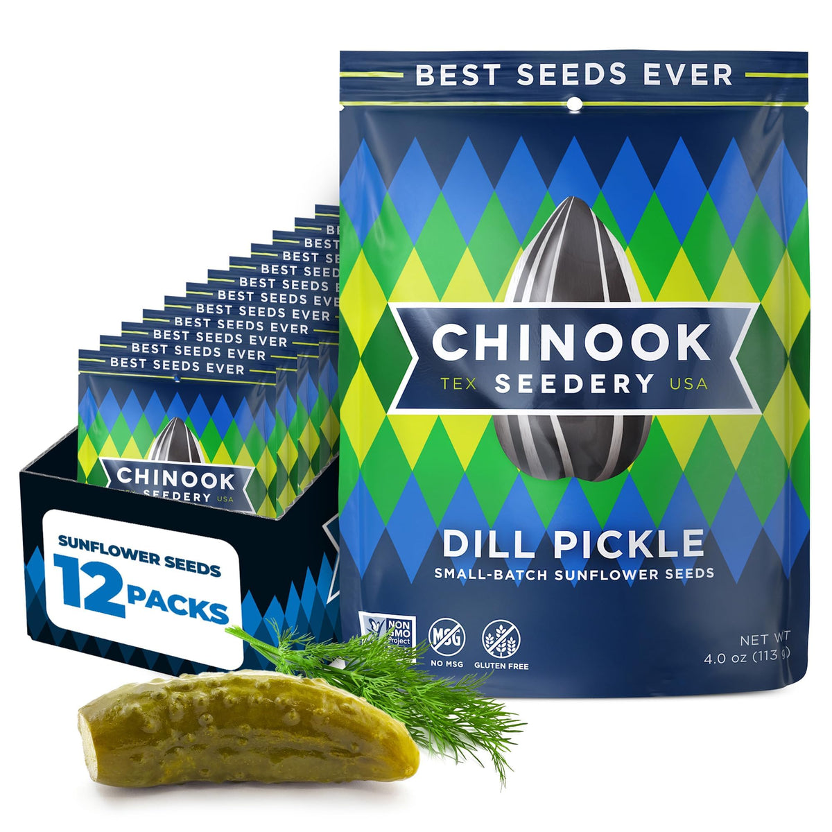 Chinook Seedery Dill Pickle Sunflower Seeds — Jumbo, Low Sodium, Keto Snack (4 oz, 12-Pack)