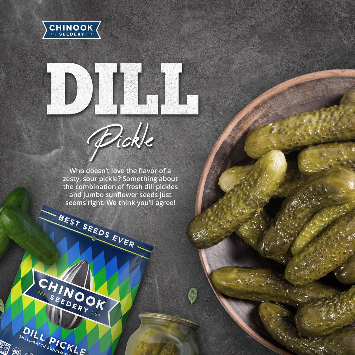 Chinook Seedery Dill Pickle Sunflower Seeds — Jumbo, Low Sodium, Keto Snack (4 oz, 12-Pack)