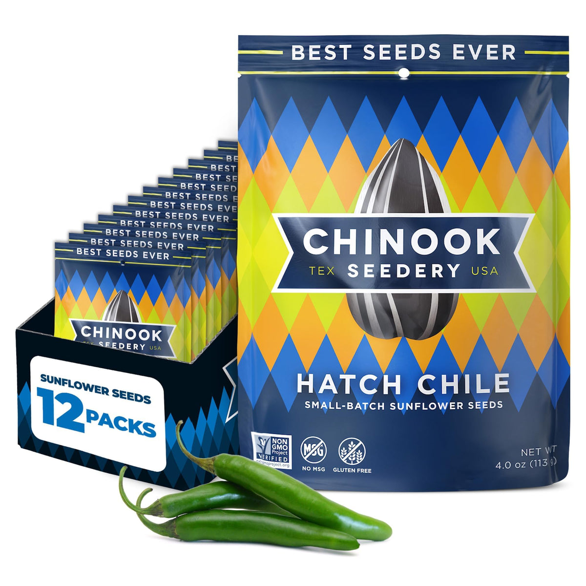 Chinook Seedery Sunflower Seeds to Eat — Hatch Green Chile Roasted Snack, Low Salt, Keto-Friendly, Gluten-Free, Non-GMO — 4 oz (12-Pack)