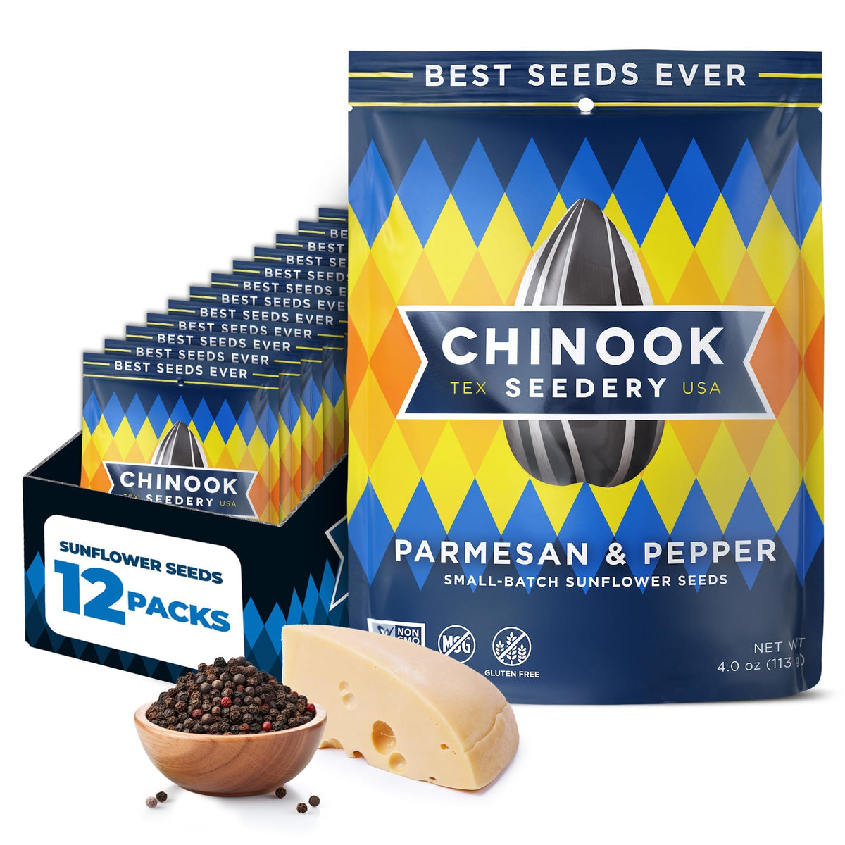 Chinook Seedery Parmesan & Pepper Sunflower Seeds – Low-Sodium, Keto-Friendly, Gluten-Free & Non-GMO – 4 oz Pack (12-Pack)