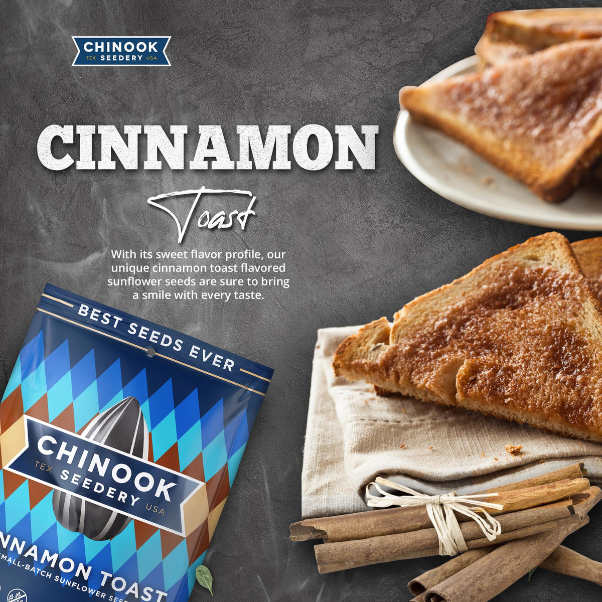 Chinook Seedery Cinnamon Toast Sunflower Seeds — Roasted, Low-Sodium, Keto Friendly, Gluten-Free, Non-GMO — 4 oz (12-Pack)