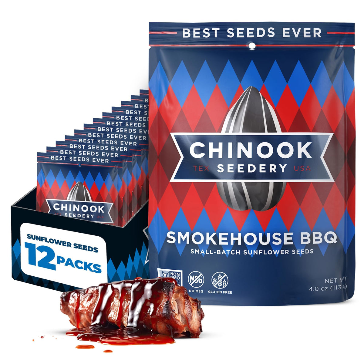 Chinook Seedery Sunflower Seeds to Eat — Smokehouse BBQ Flavor, Low Sodium, Keto Friendly, 4 oz (12-Pack)