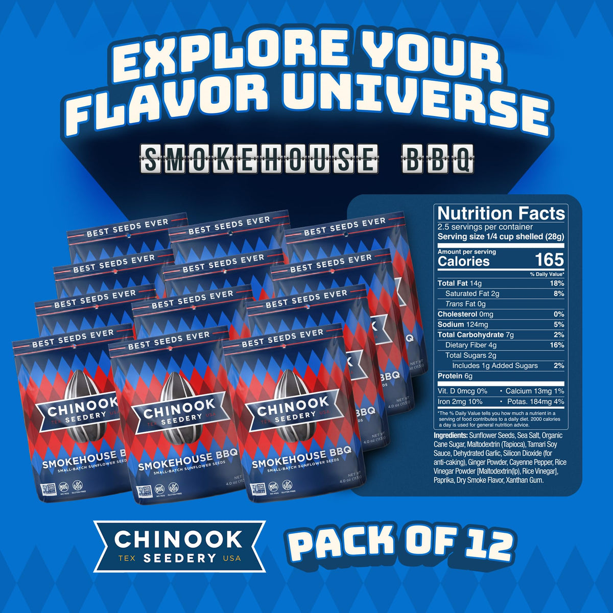 Chinook Seedery Sunflower Seeds to Eat — Smokehouse BBQ Flavor, Low Sodium, Keto Friendly, 4 oz (12-Pack)