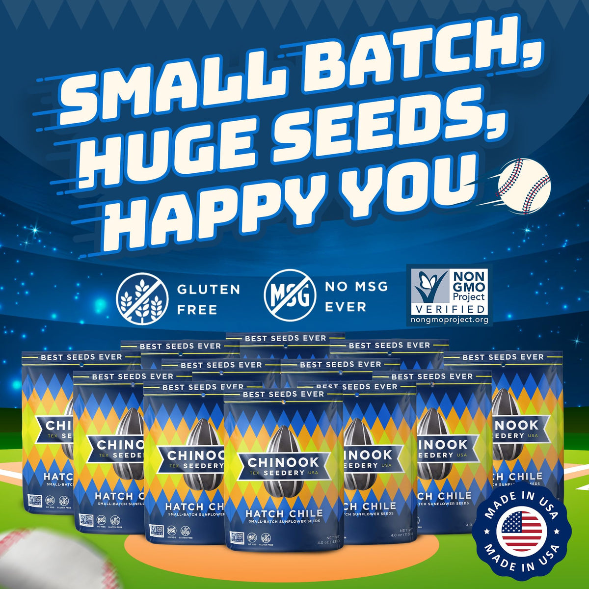 Chinook Seedery Sunflower Seeds to Eat — Hatch Green Chile Roasted Snack, Low Salt, Keto-Friendly, Gluten-Free, Non-GMO — 4 oz (12-Pack)