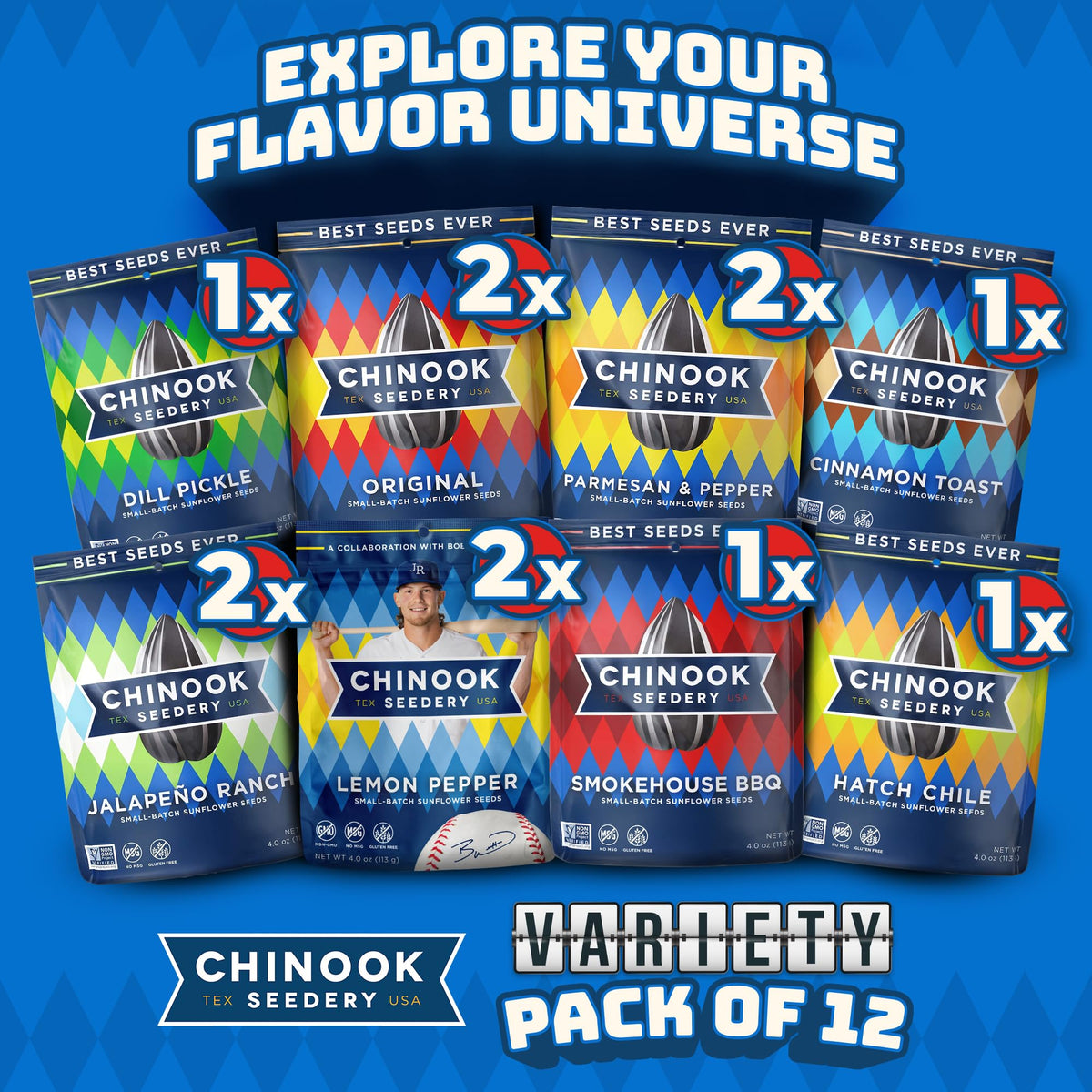 Chinook Seedery Sunflower Seeds — 8 Flavor Variety Pack (4 oz x 12), Roasted, Low Salt, Keto, Gluten-Free, Non-GMO