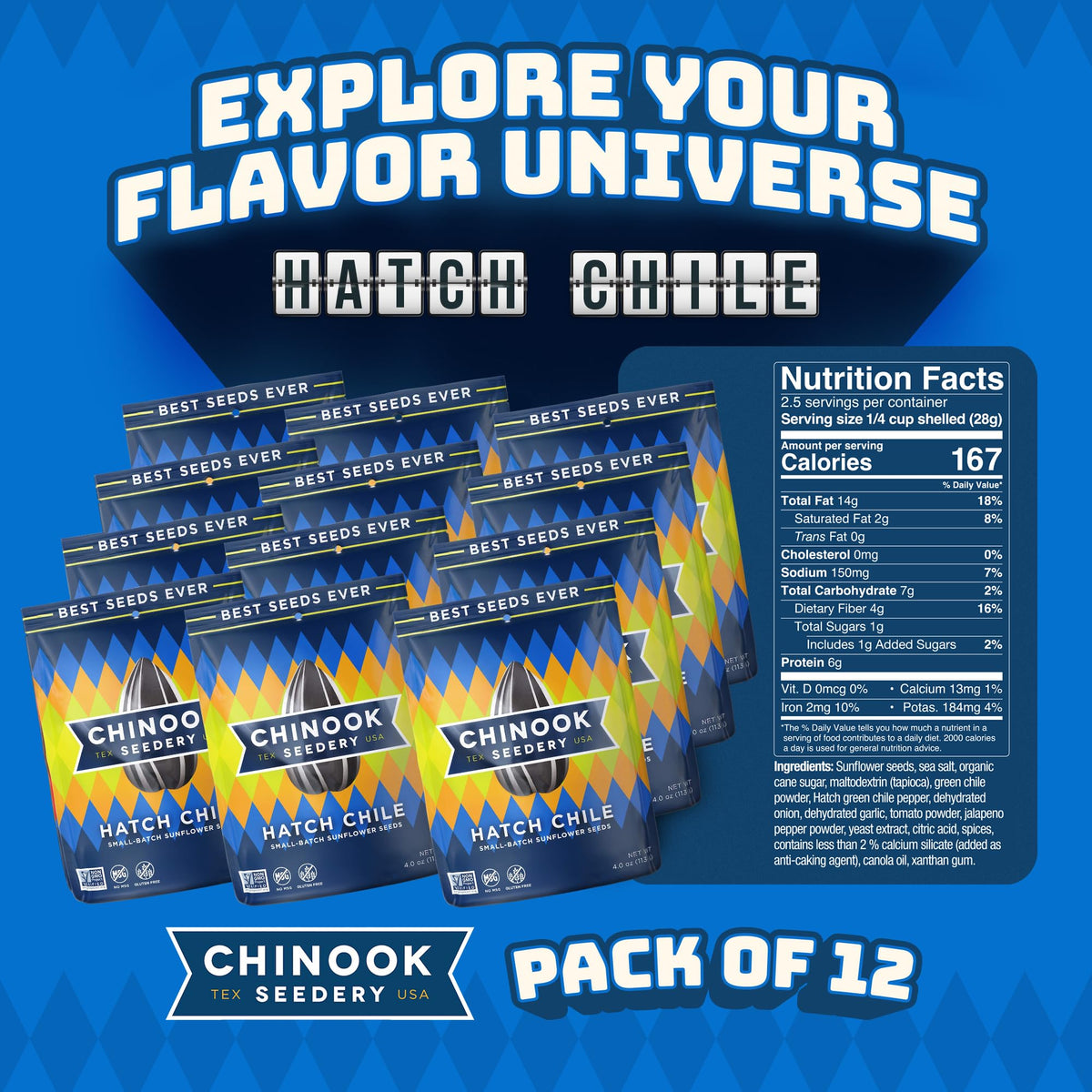 Chinook Seedery Sunflower Seeds to Eat — Hatch Green Chile Roasted Snack, Low Salt, Keto-Friendly, Gluten-Free, Non-GMO — 4 oz (12-Pack)