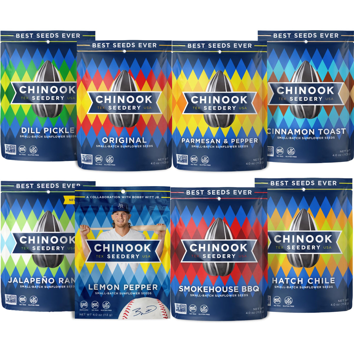 Chinook Seedery Sunflower Seeds — 8 Flavor Variety Pack (4 oz x 12), Roasted, Low Salt, Keto, Gluten-Free, Non-GMO
