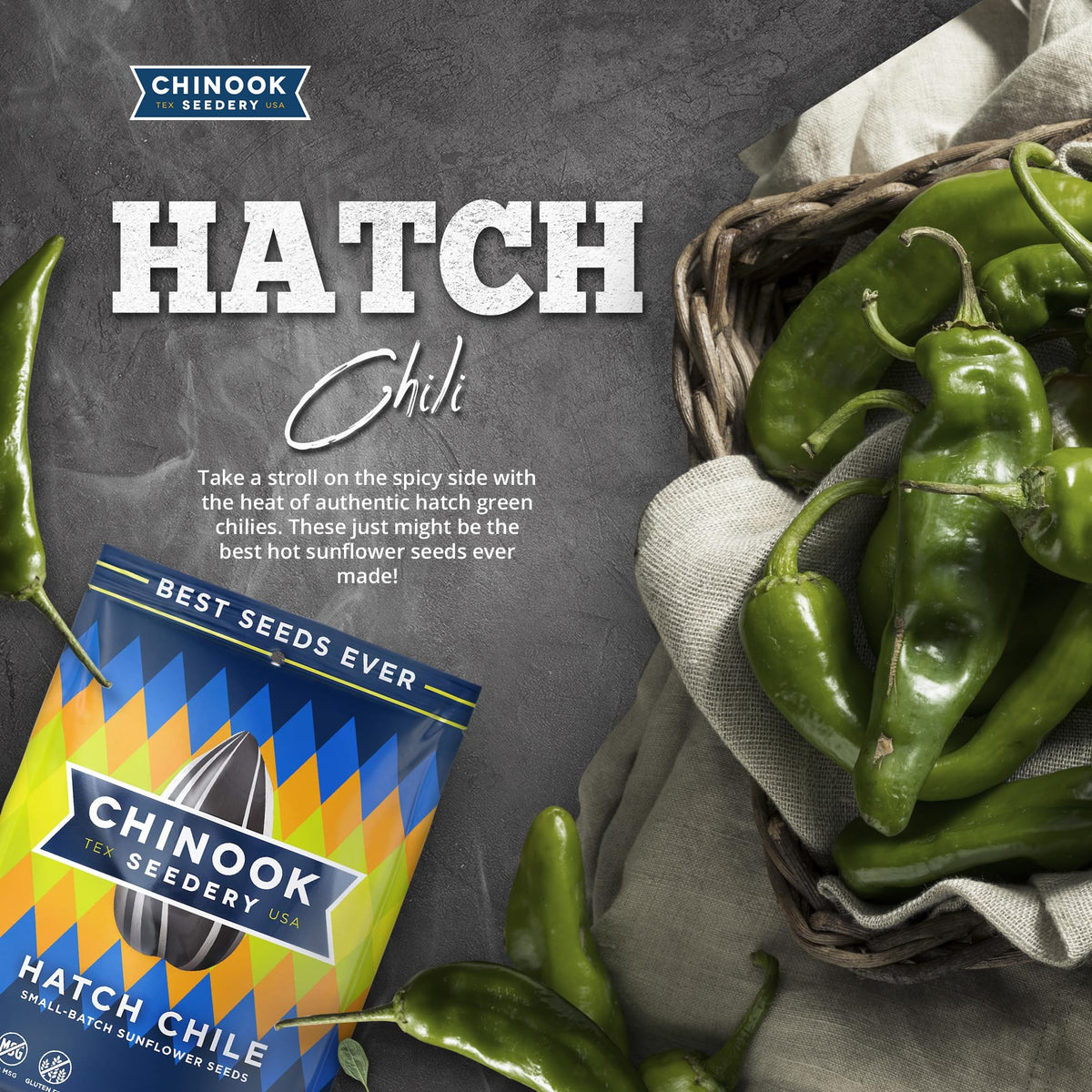 Chinook Seedery Sunflower Seeds to Eat — Hatch Green Chile Roasted Snack, Low Salt, Keto-Friendly, Gluten-Free, Non-GMO — 4 oz (12-Pack)