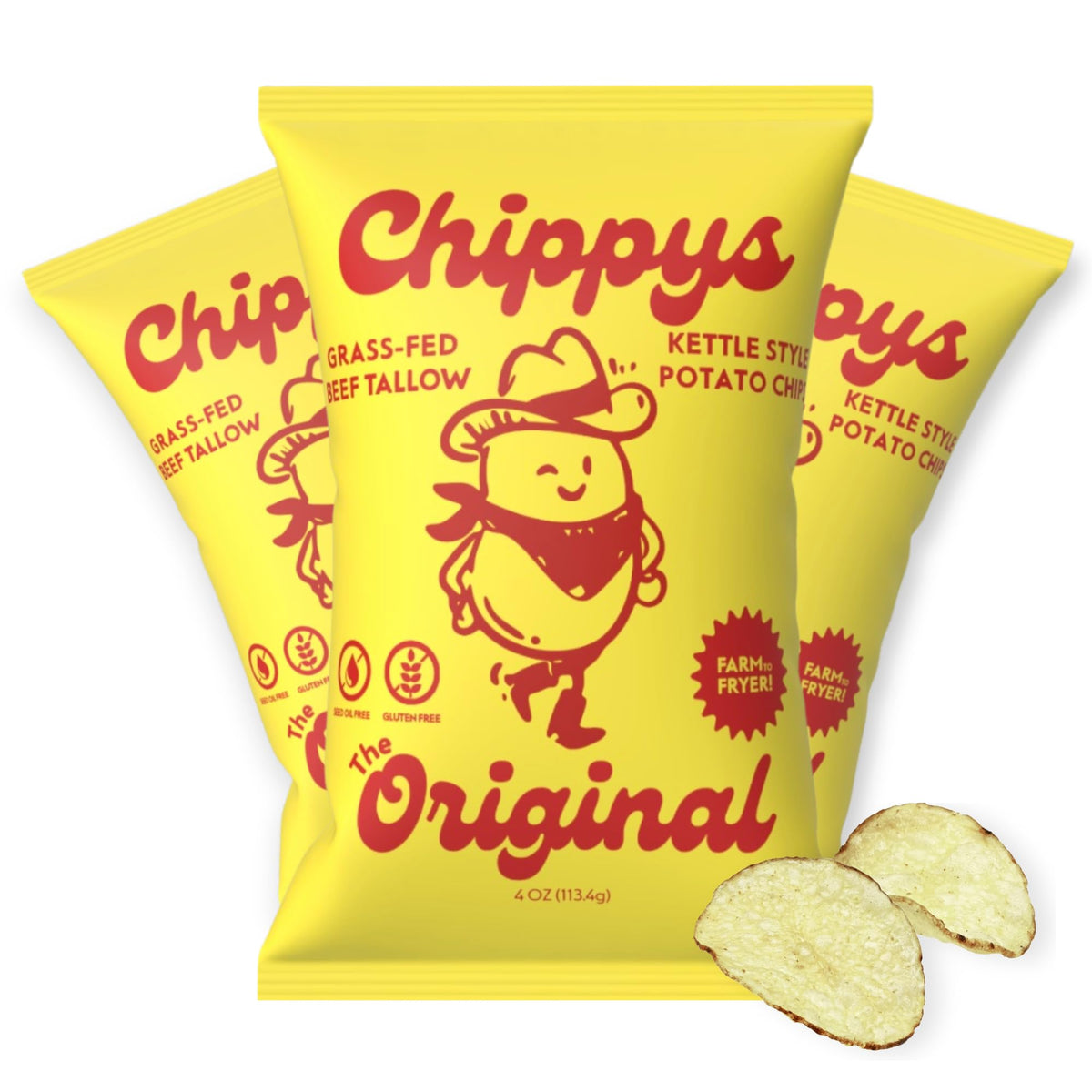 CHIPPYS Grass-Fed Beef Tallow Potato Chips – The Original Sea Salt, Kettle-Cooked, Paleo & Keto Friendly (3-pack, 4oz each)
