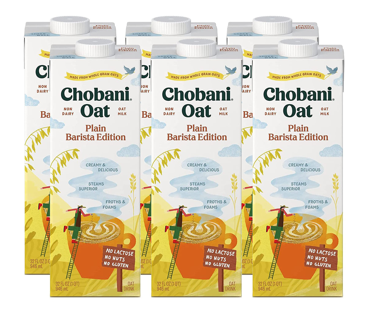 Chobani Oat Milk Barista Edition – Plain, Shelf-Stable Non-Dairy Creamer (Pack of 6, 32 oz each)