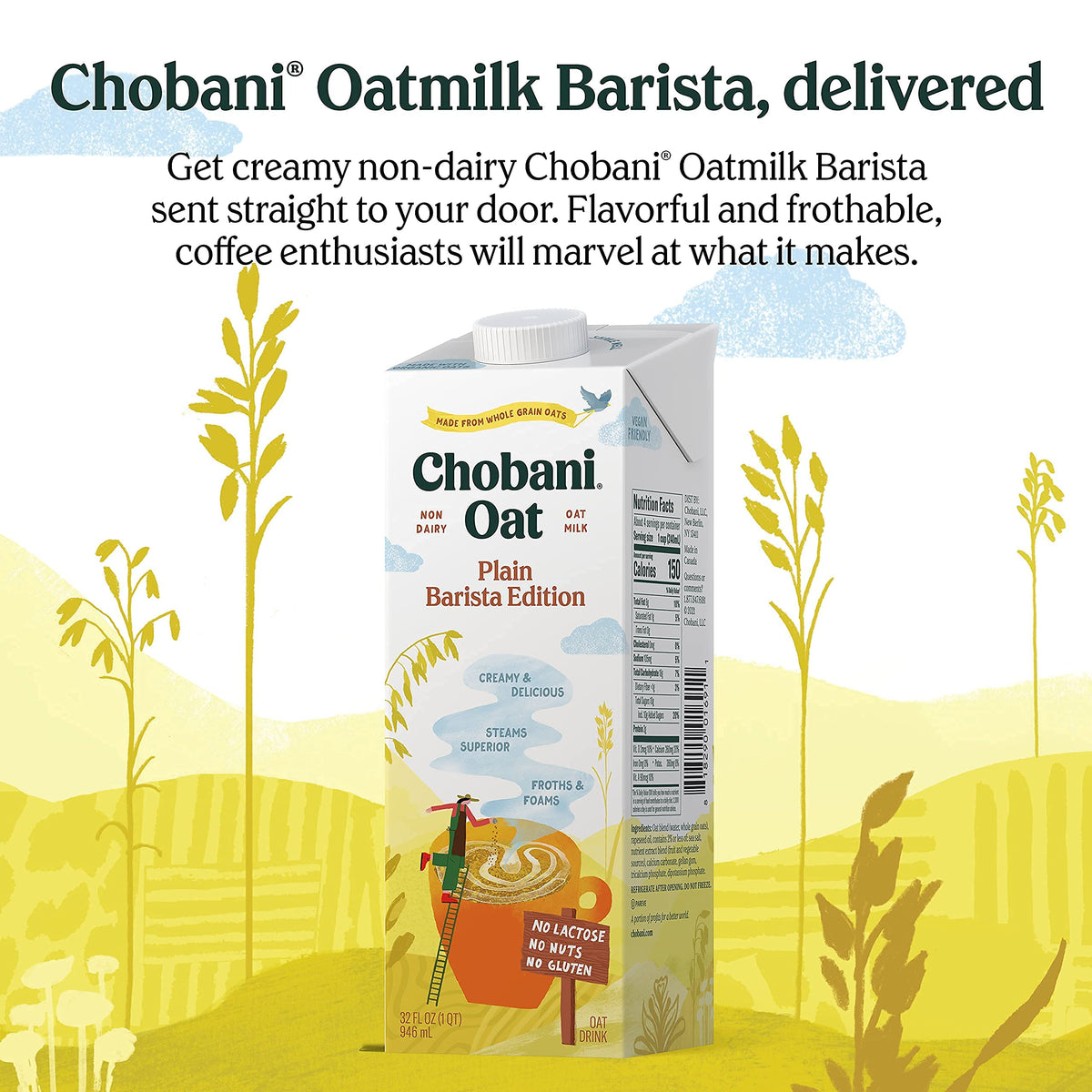 Chobani Oat Milk Barista Edition – Plain, Shelf-Stable Non-Dairy Creamer (Pack of 6, 32 oz each)