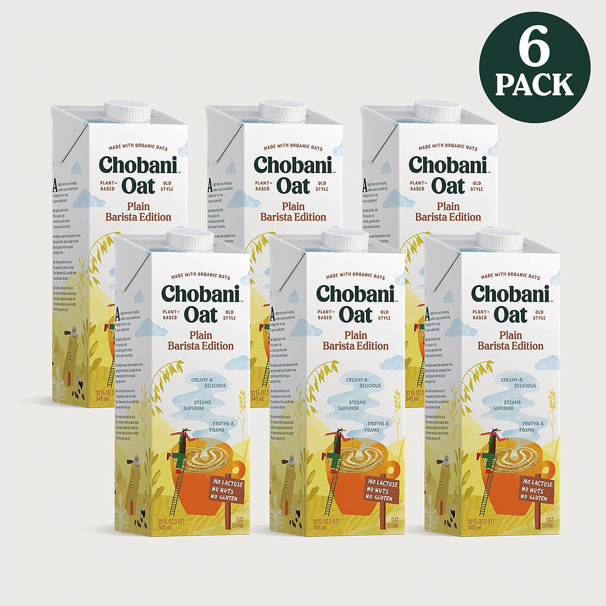 Chobani Oat Milk Barista Edition – Plain, Shelf-Stable Non-Dairy Creamer (Pack of 6, 32 oz each)