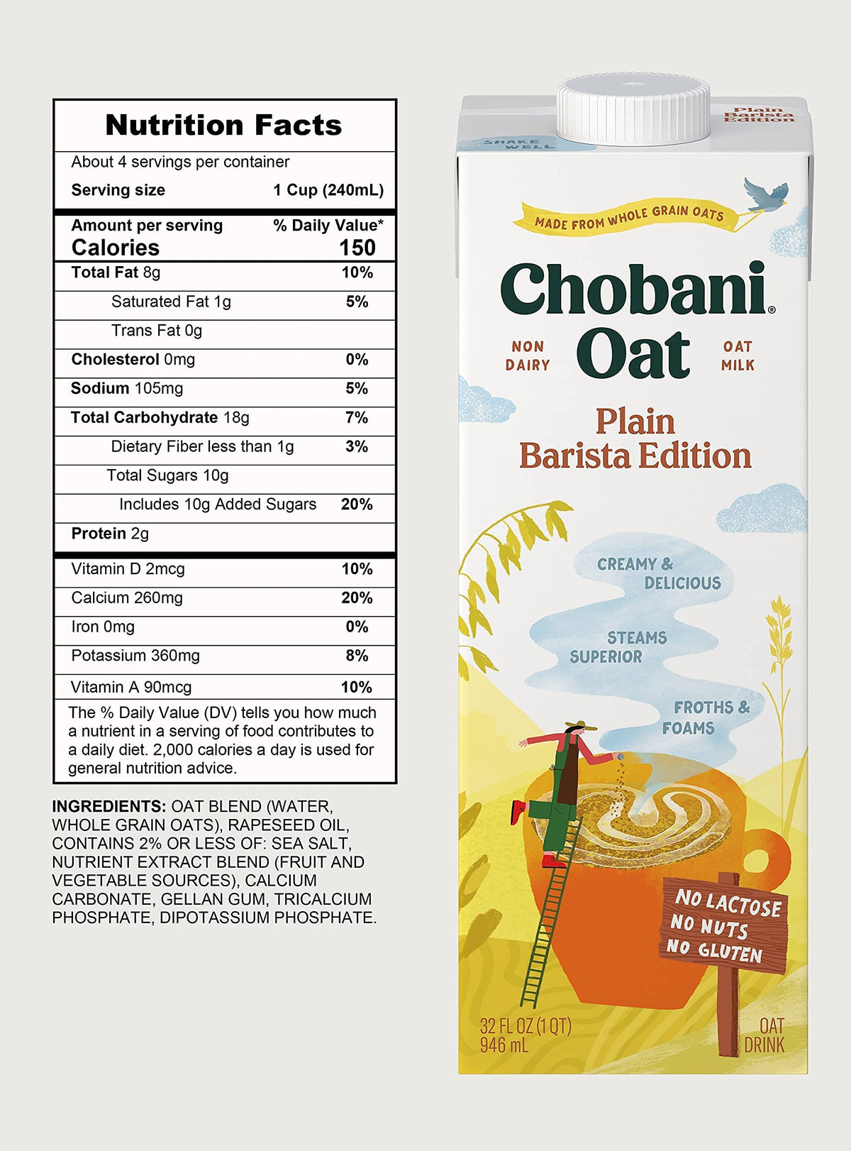 Chobani Oat Milk Barista Edition – Plain, Shelf-Stable Non-Dairy Creamer (Pack of 6, 32 oz each)