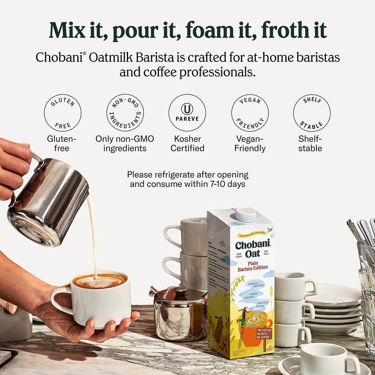 Chobani Oat Milk Barista Edition – Plain, Shelf-Stable Non-Dairy Creamer (Pack of 6, 32 oz each)
