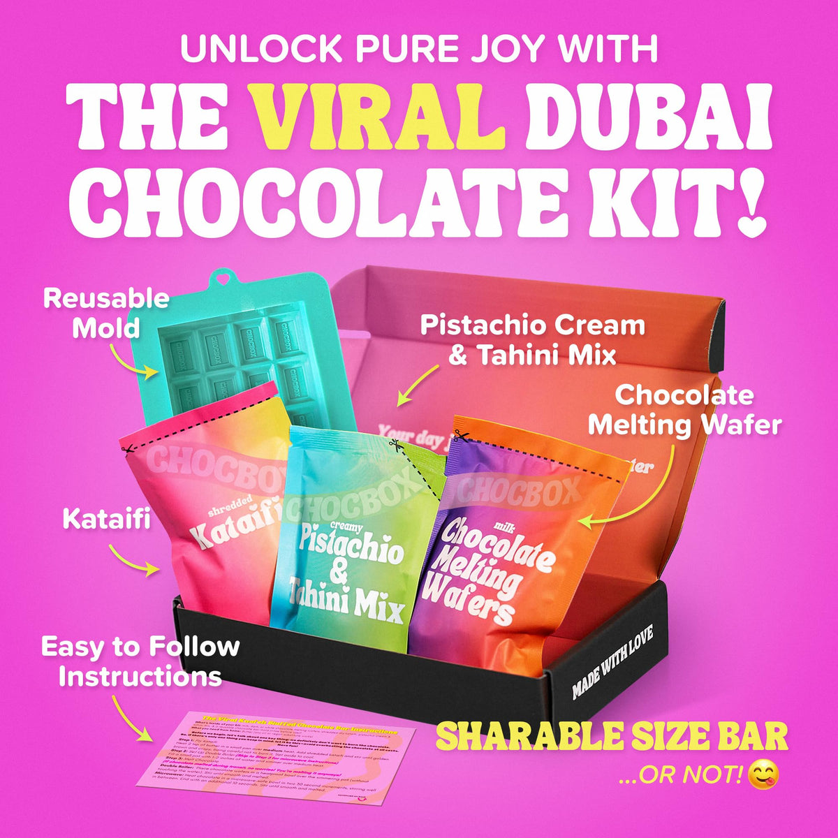 Chocbox Viral Dubai Milk Chocolate Bar Kit – DIY Gift Box with Pistachio Cream, Wafers & Molds