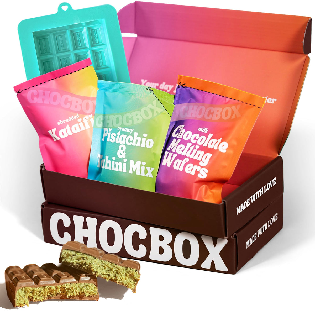 Chocbox Viral Dubai Milk Chocolate Bar Kit – DIY Gift Box with Pistachio Cream, Wafers & Molds