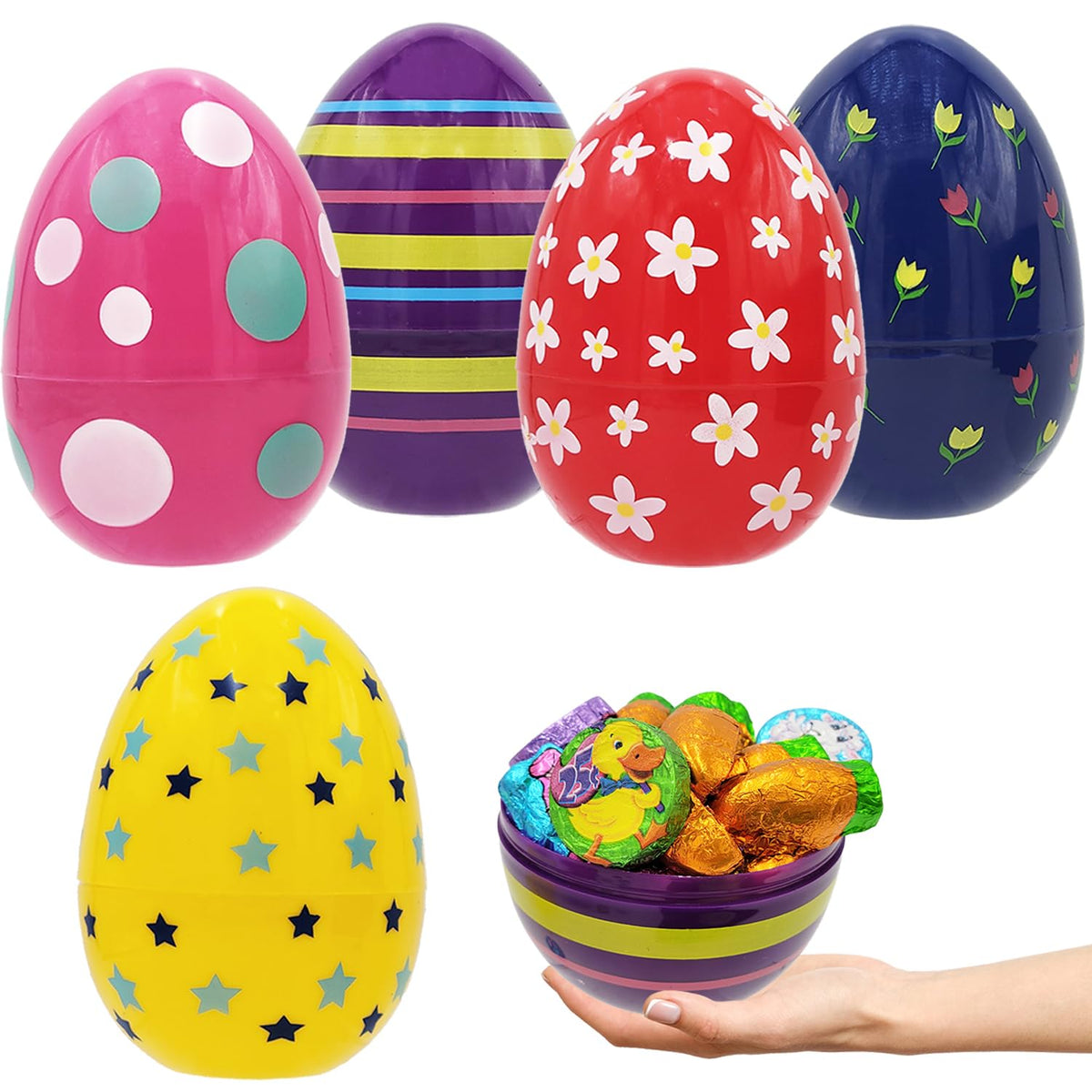 Chochkees Jumbo Painted Fillable Easter Eggs – 6-inch Giant, 12-Pack, Assorted Colors