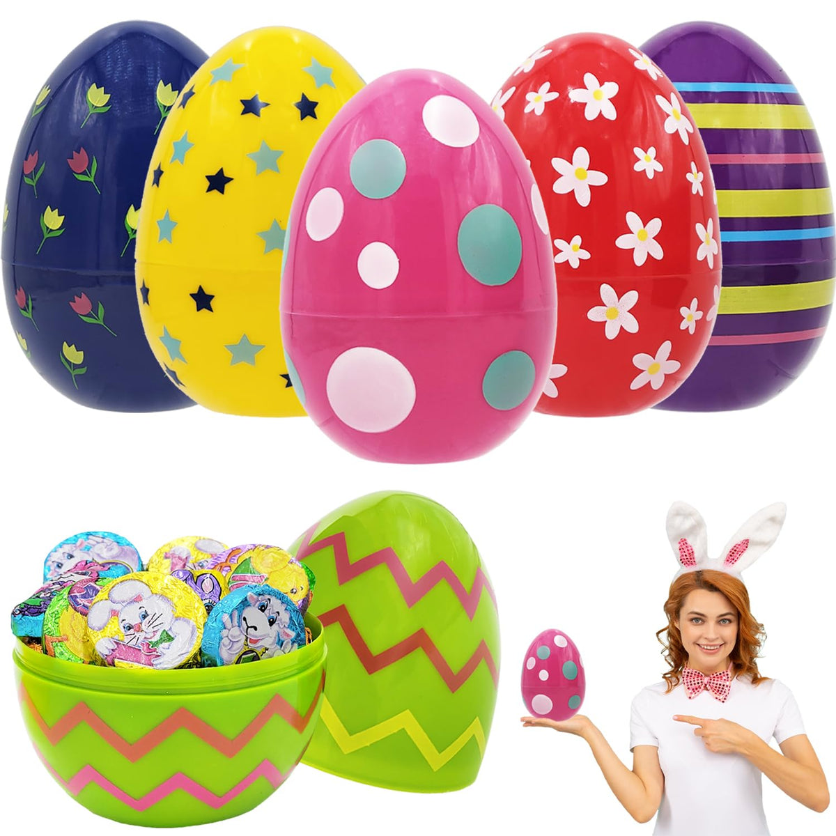 Chochkees Jumbo Painted Fillable Easter Eggs – 6-inch Giant, 12-Pack, Assorted Colors