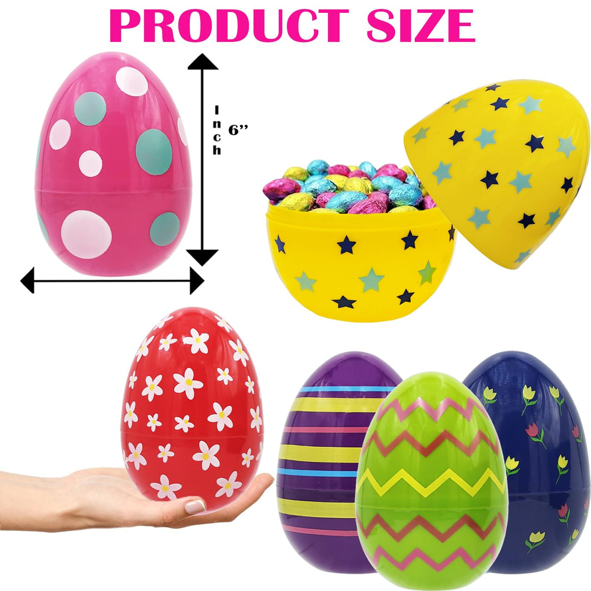 Chochkees Jumbo Painted Fillable Easter Eggs – 6-inch Giant, 12-Pack, Assorted Colors