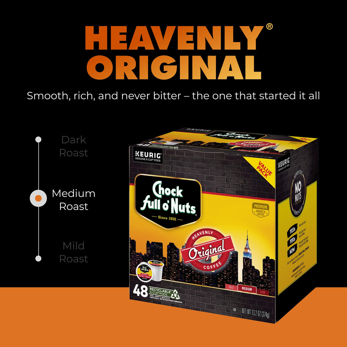 Chock Full o' Nuts Heavenly Original Keurig Pods – Medium Roast Arabica, 48 Count