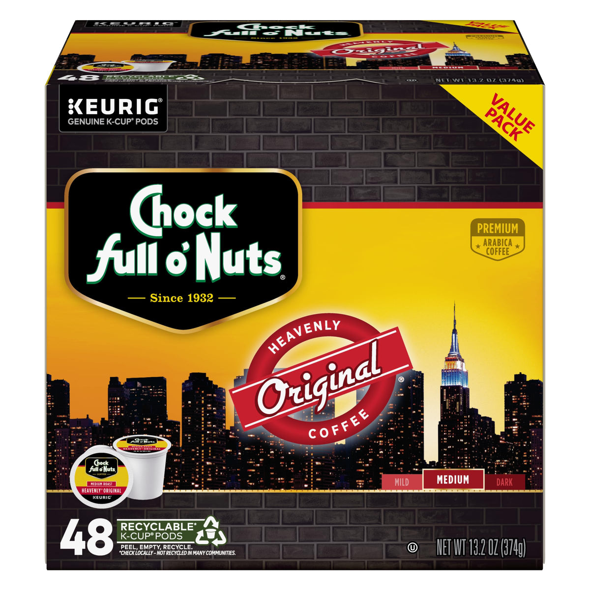 Chock Full o' Nuts Heavenly Original Keurig Pods – Medium Roast Arabica, 48 Count