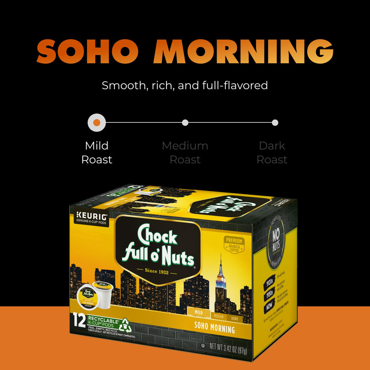 Chock Full o’Nuts Variety Pack Keurig K-Cup Pods – Arabica Coffee, Mild, Medium & Dark Roast – 4 Packs of 12