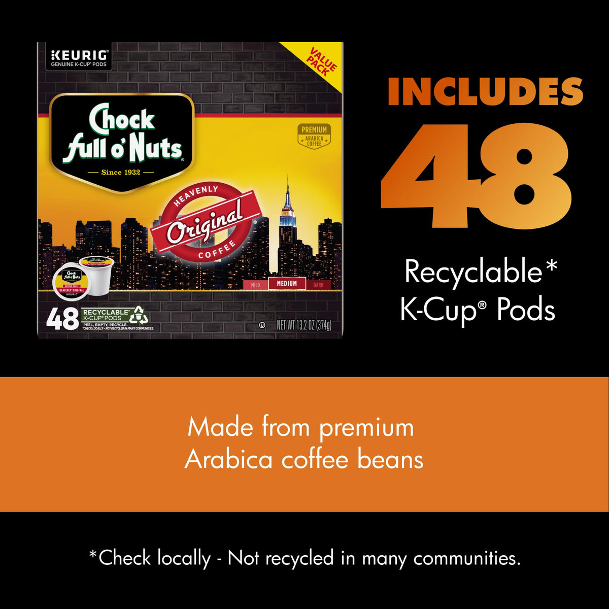 Chock Full o' Nuts Heavenly Original Keurig Pods – Medium Roast Arabica, 48 Count