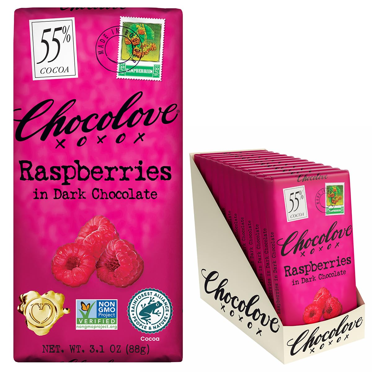Chocolove Raspberries Dark Chocolate Bars – 55% Cocoa, 12-Pack Non-GMO