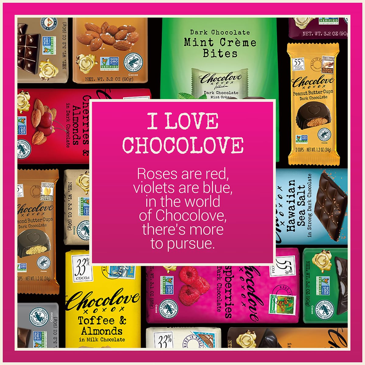 Chocolove Raspberries Dark Chocolate Bars – 55% Cocoa, 12-Pack Non-GMO