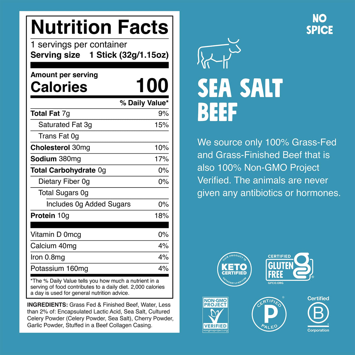 Chomps Grass-Fed Sea Salt Beef Jerky Sticks — 10-Pack | Keto, Paleo, Whole30, Gluten-Free, Non-GMO