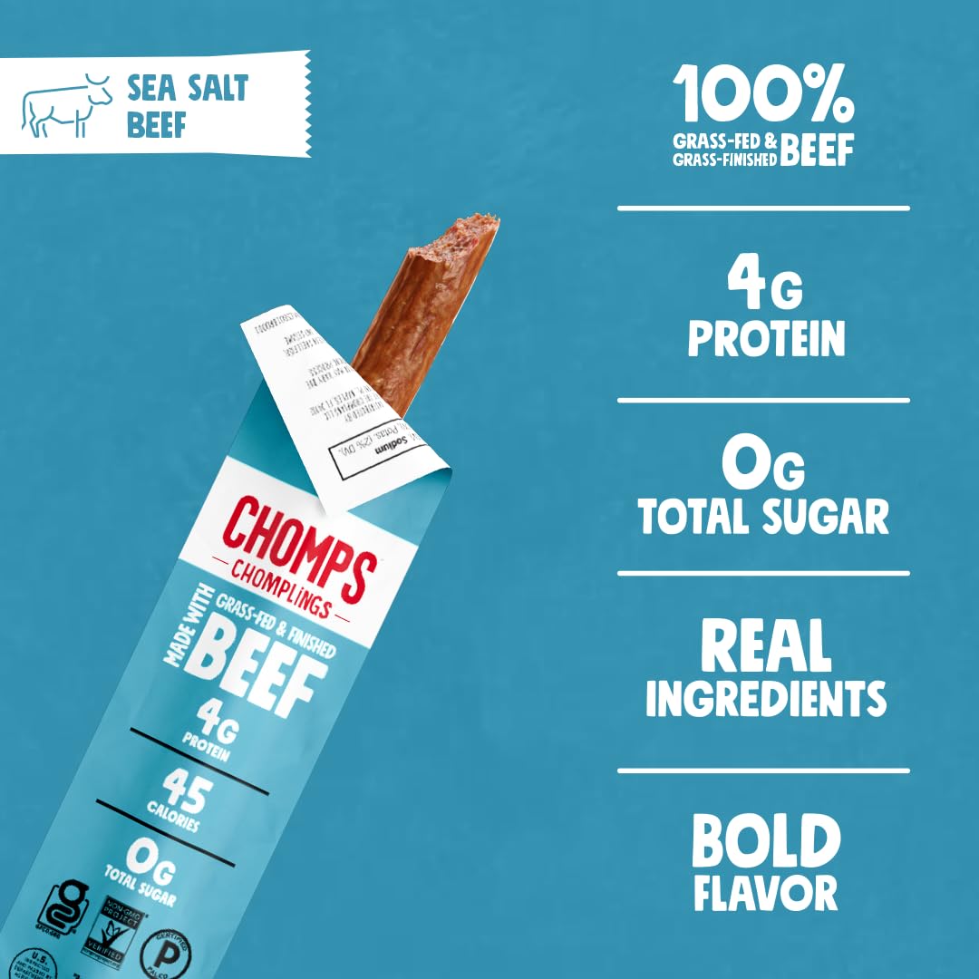 Chomps Grass-Fed Sea Salt Beef Jerky Sticks 0.5oz, 24-Pack | Keto Paleo Whole30