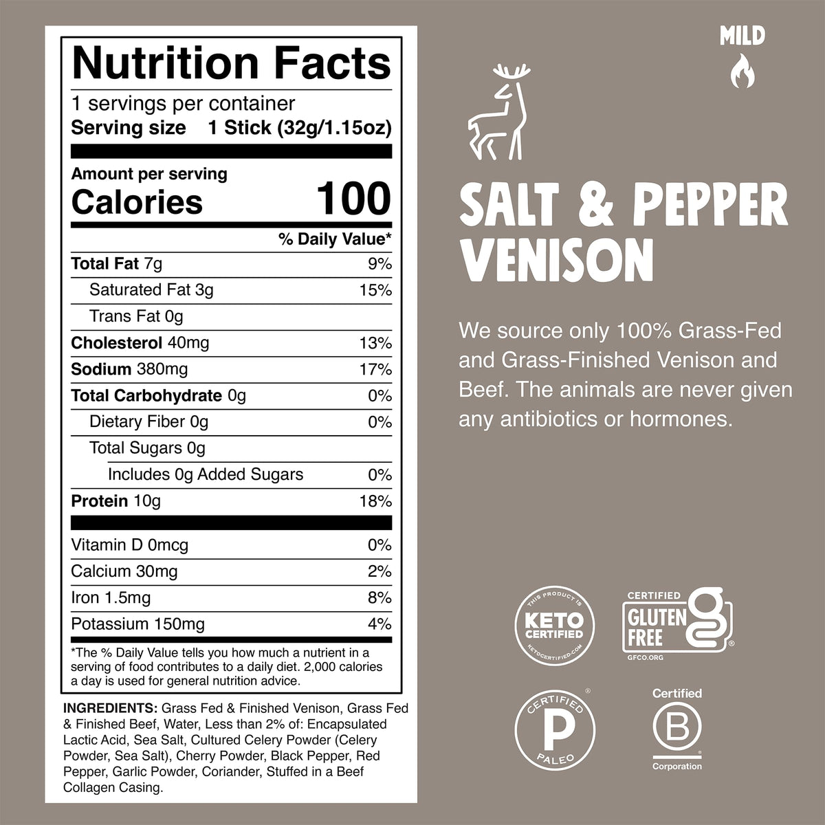 Chomps Salt & Pepper Venison Jerky Sticks – Grass-Fed, Zero Sugar, 10g Protein, 10-Pack