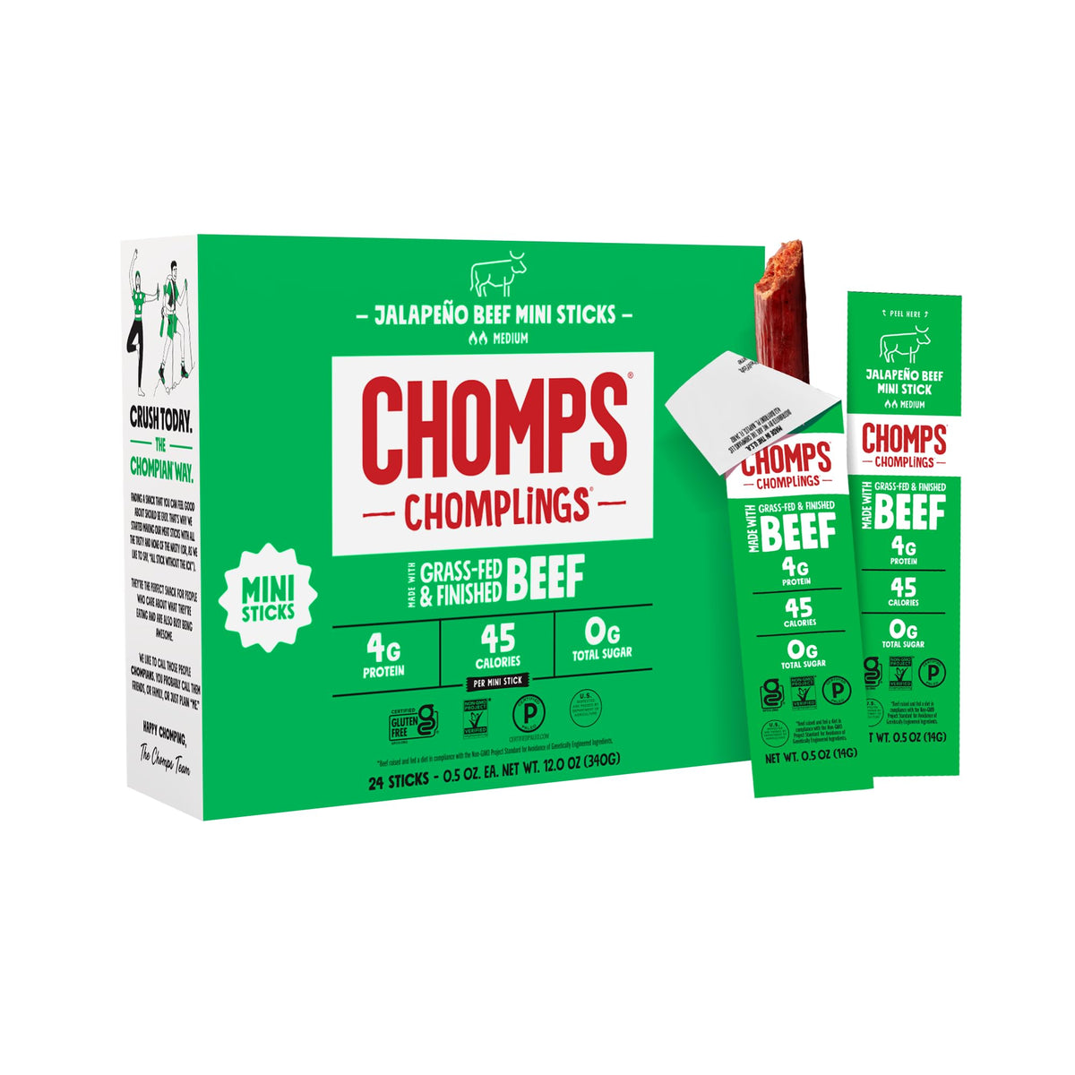 Chomps Snack Size Jalapeño Beef Jerky Sticks – 0.5oz, 24-Pack | Grass-Fed, Keto, Paleo, Whole30