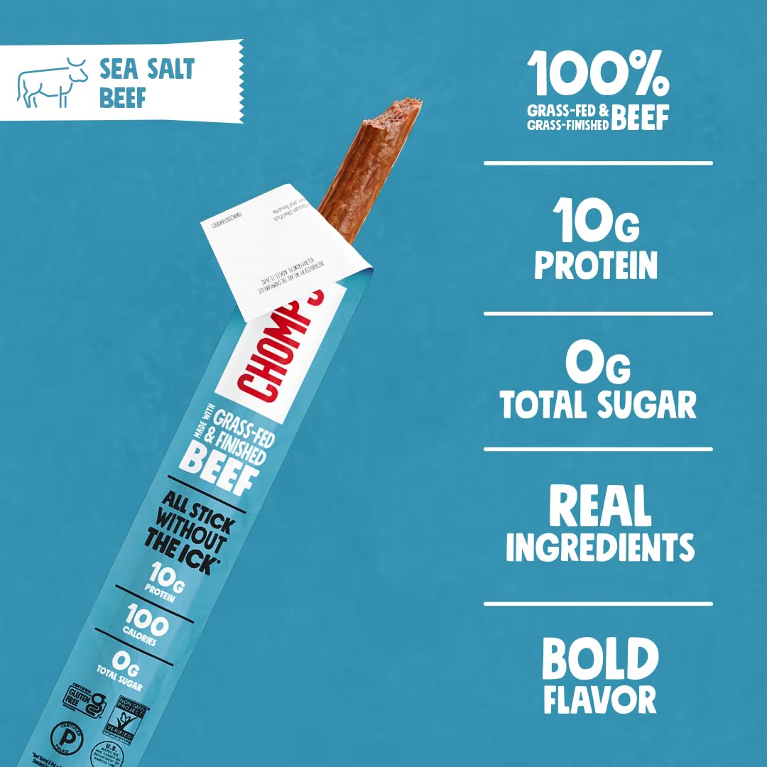 Chomps Grass-Fed Sea Salt Beef Jerky Sticks — 10-Pack | Keto, Paleo, Whole30, Gluten-Free, Non-GMO