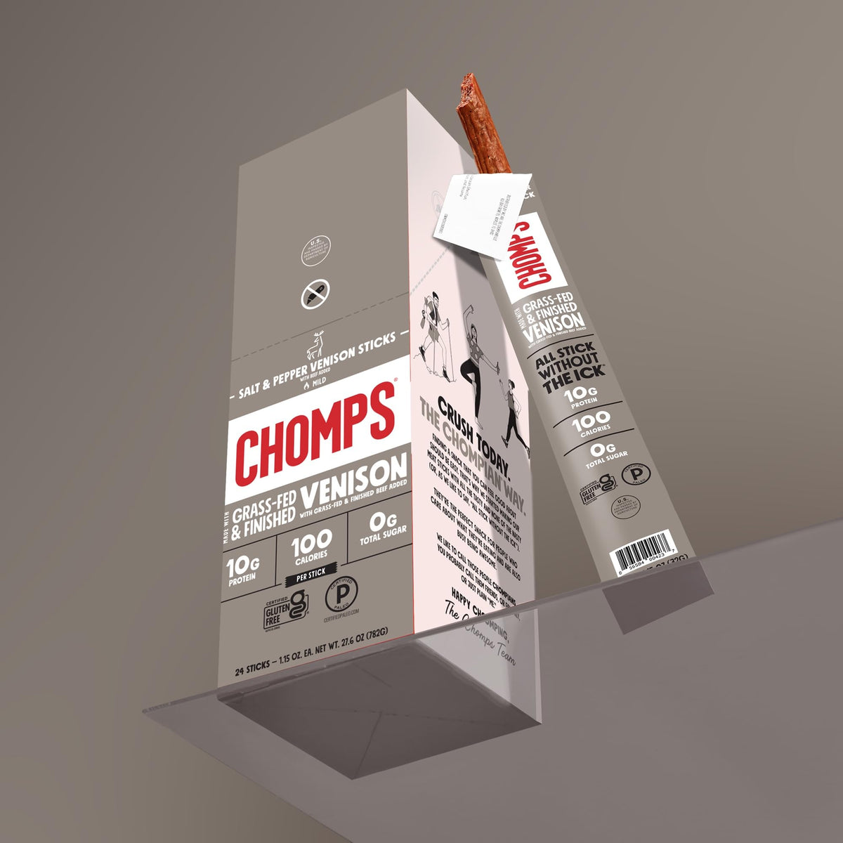 Chomps Salt & Pepper Venison Jerky Sticks – Grass-Fed, Zero Sugar, 10g Protein, 10-Pack