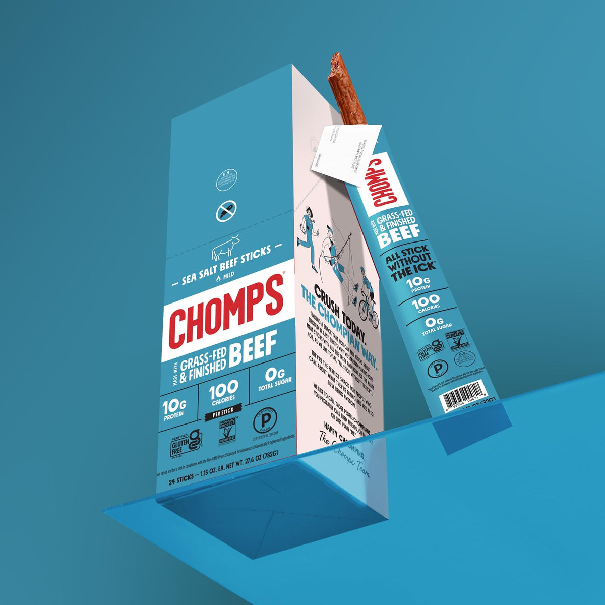 Chomps Grass-Fed Sea Salt Beef Jerky Sticks — 10-Pack | Keto, Paleo, Whole30, Gluten-Free, Non-GMO
