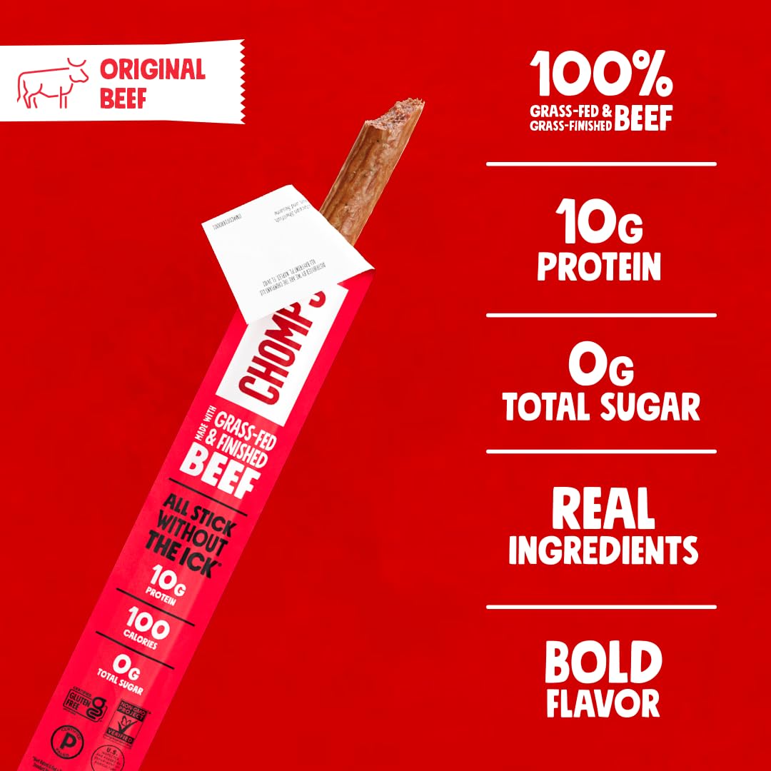 Chomps Grass-Fed Beef Jerky Sticks – 10-Pack, 10g Protein, Keto & Gluten-Free