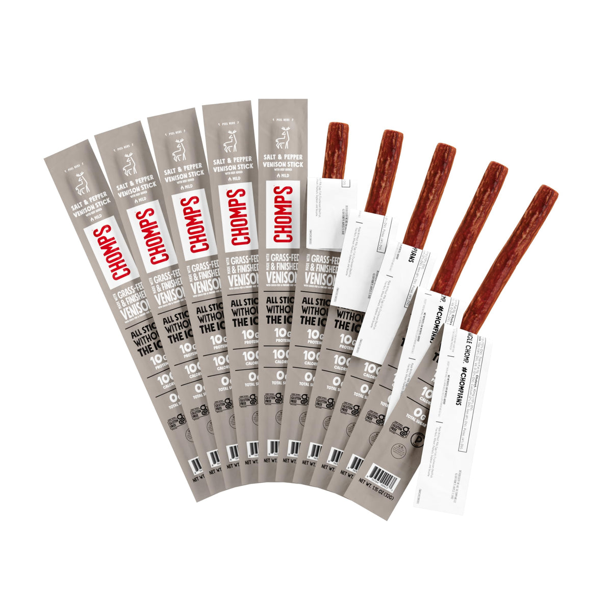 Chomps Salt & Pepper Venison Jerky Sticks – Grass-Fed, Zero Sugar, 10g Protein, 10-Pack