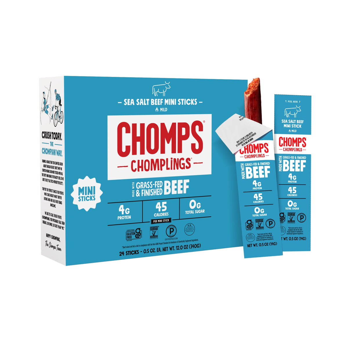 Chomps Grass-Fed Sea Salt Beef Jerky Sticks 0.5oz, 24-Pack | Keto Paleo Whole30
