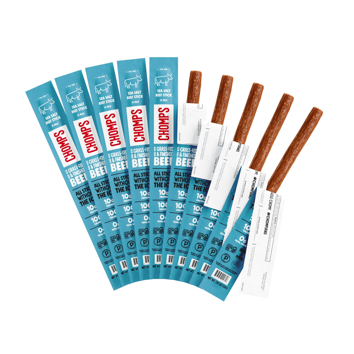 Chomps Grass-Fed Sea Salt Beef Jerky Sticks — 10-Pack | Keto, Paleo, Whole30, Gluten-Free, Non-GMO